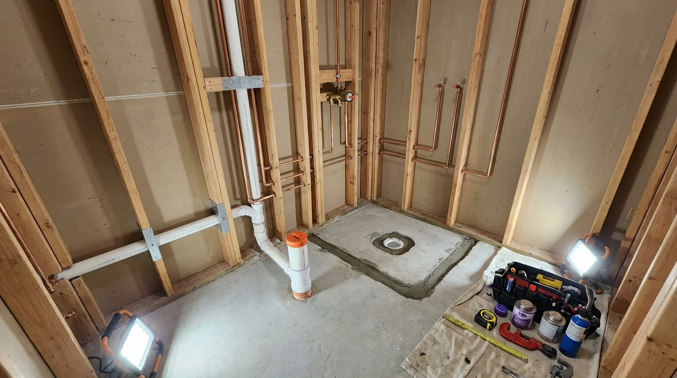 Bathroom rough-in plumbing during remodel by Johns Plumbing LLC in Sesser
