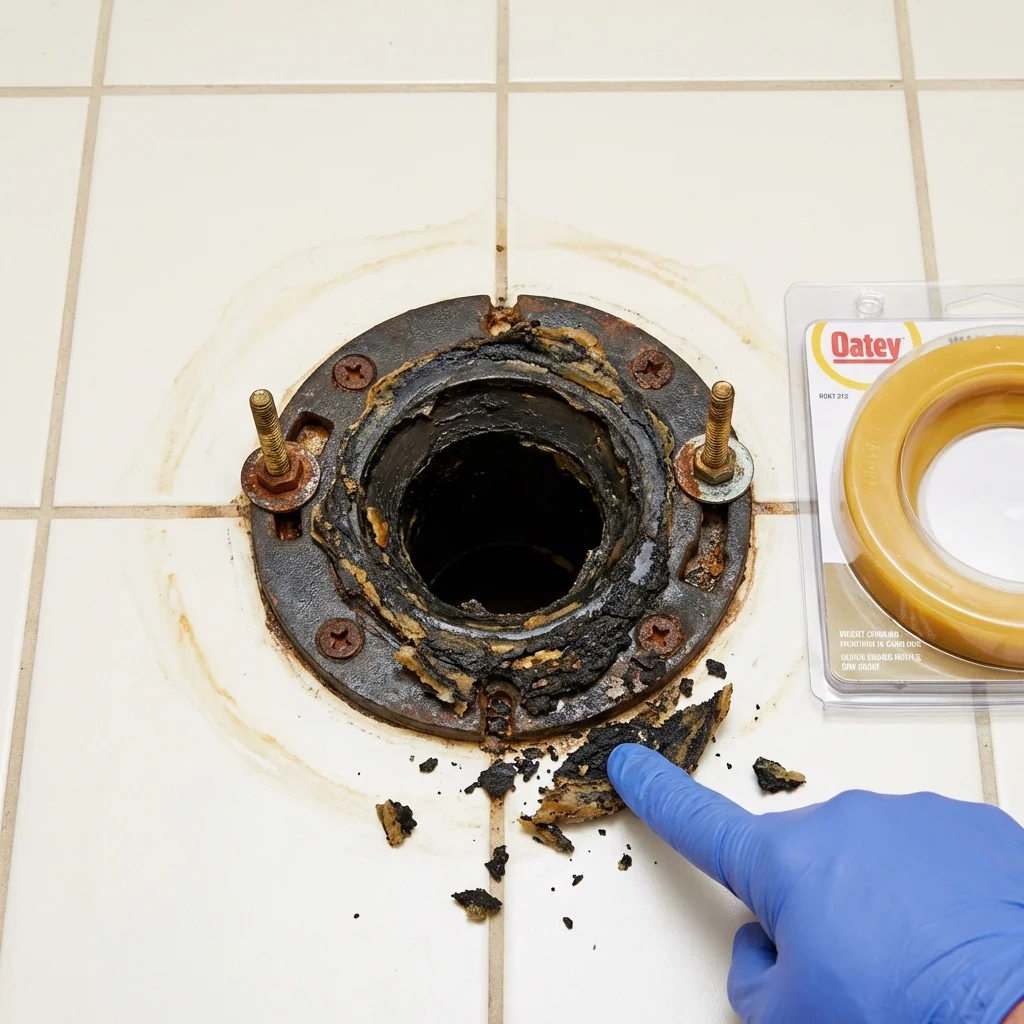 Failed wax ring showing water seepage at the base of a toilet in a Sesser, IL home